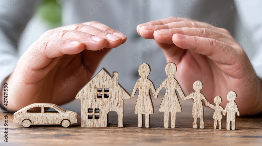 Hands protecting family and home figures, symbolizing security and care in a personal and financial context.
