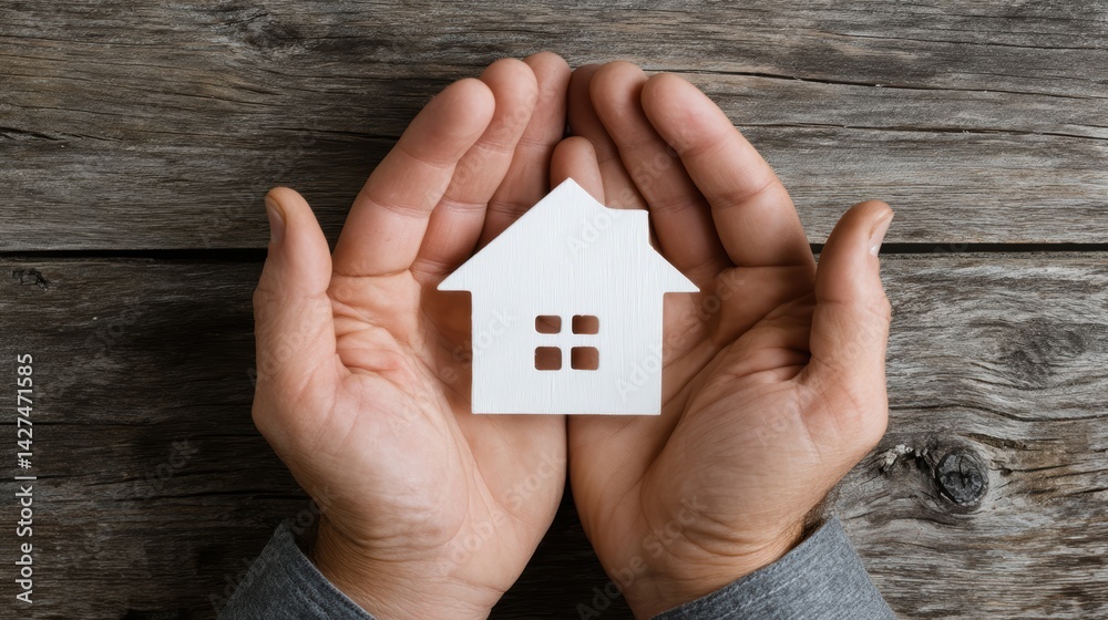 A person holds a small house model in their hands, symbolizing home ownership and care.