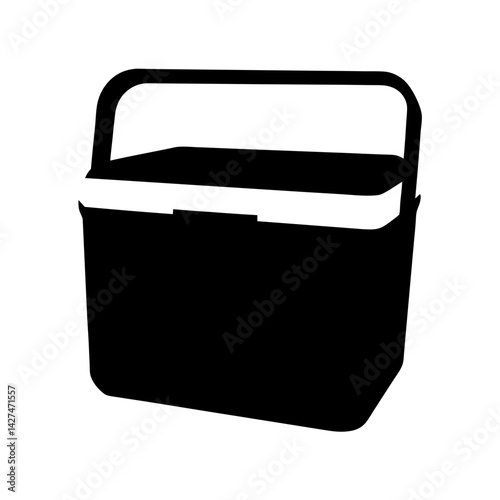 Black and white image of a portable cooler with handle on top