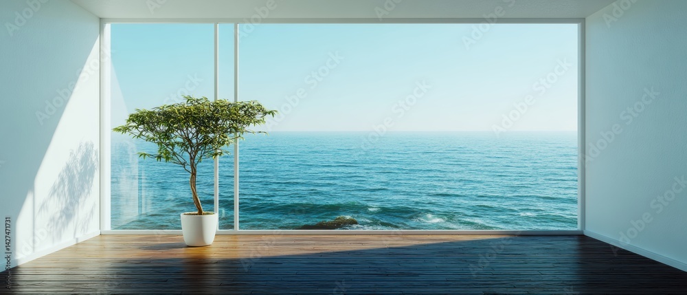 Modern interior with a view of the ocean, featuring a potted tree and sunlight streaming through large windows.