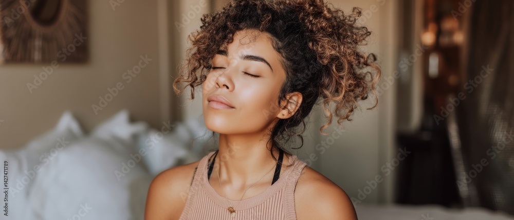 A woman with curly hair relaxes with her eyes closed, exuding calmness in a cozy indoor setting.