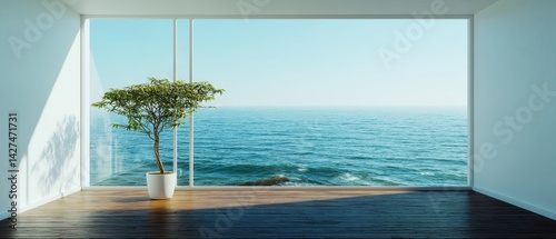 Obraz na płótnie Modern interior with a view of the ocean, featuring a potted tree and sunlight streaming through large windows. w salonie