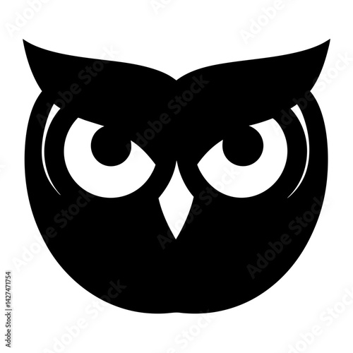 Stylized monochromatic owl face with an intense gaze and geometric design