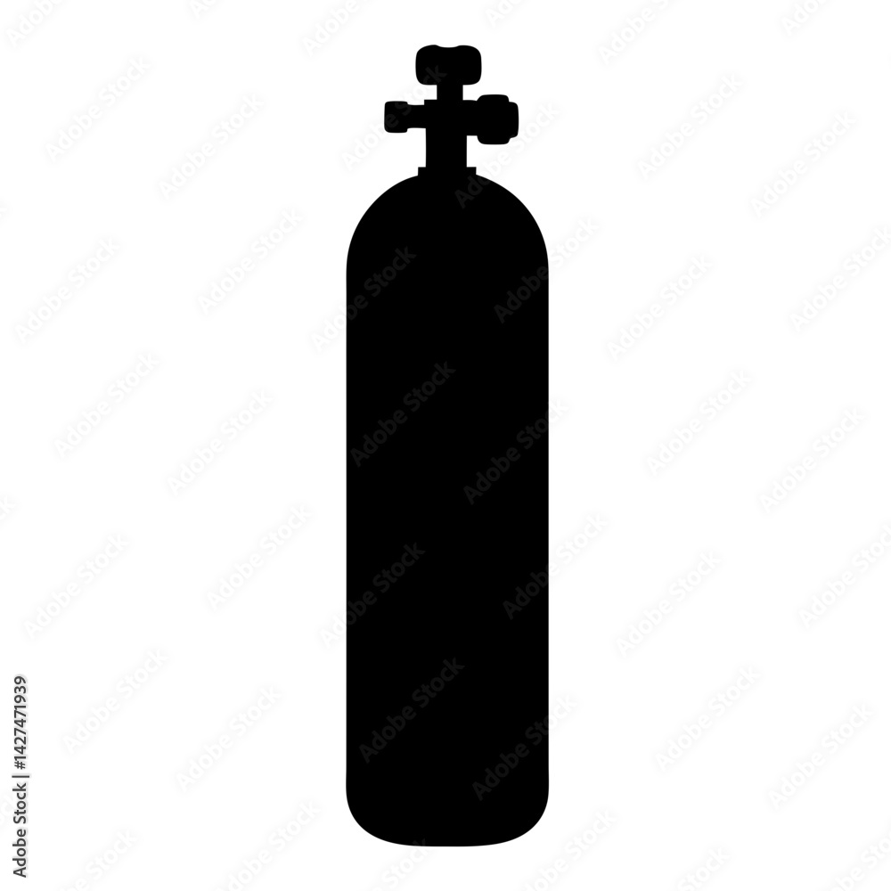Silhouette of a scuba diving oxygen tank with valve and regulator Silhouette of a scuba diving oxygen tank with valve and regulator