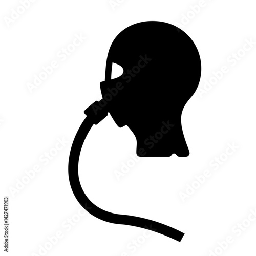 Silhouette of a person wearing a full face mask with connected tubing