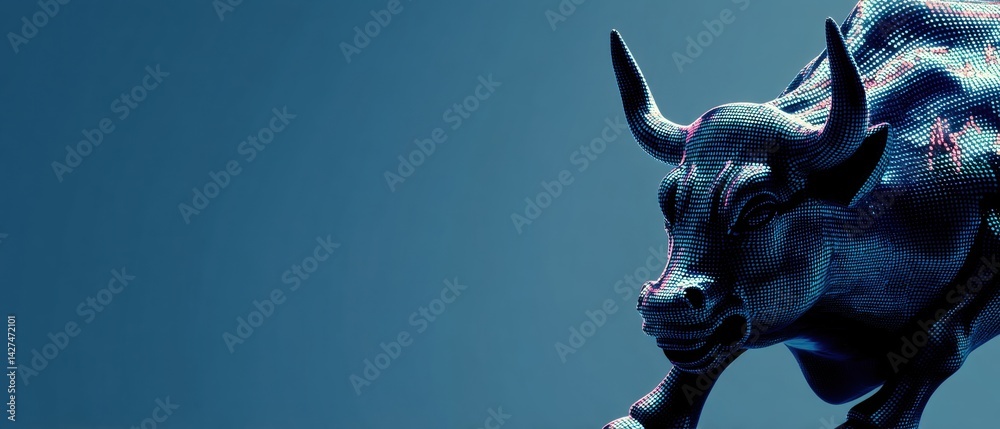 A digital bull sculpture with a sleek design, set against a blue background, symbolizing strength and financial growth.