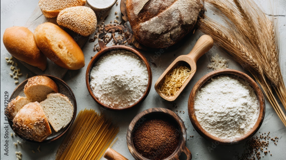 Rustic arrangement of various flours, bread, and grains on a textured surface, showcasing natural textures and earthy tones.