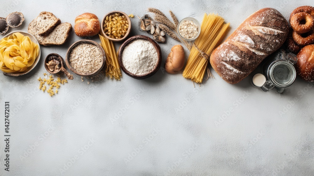 Artfully arranged ingredients and baked goods on a textured surface, highlighting culinary diversity and preparation.