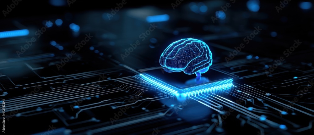 Digital brain on a circuit board, symbolizing artificial intelligence and technology integration.