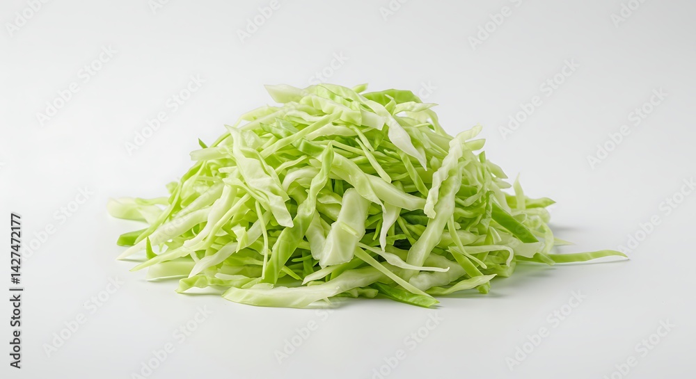A close-up shot of a pile of freshly shredded green cabbage on a white surface. A close-up shot of a pile of freshly shredded green cabbage on a white surface.