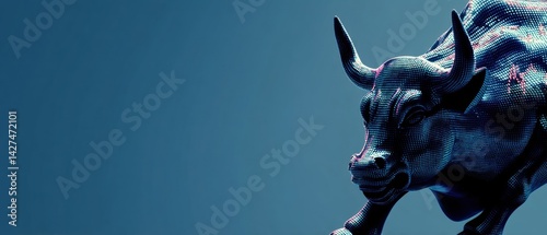 Obraz na płótnie A digital bull sculpture with a sleek design, set against a blue background, symbolizing strength and financial growth. w salonie