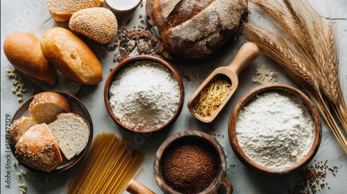 Obraz na płótnie Rustic arrangement of various flours, bread, and grains on a textured surface, showcasing natural textures and earthy tones. w salonie