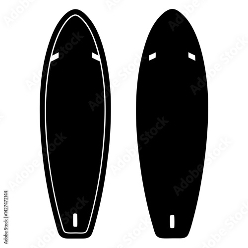 Two sleek black surfboard silhouettes presented against a plain white backdrop