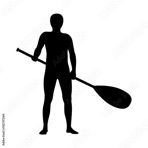 Silhouette of a paddle boarder with paddle in hand, ready for adventure