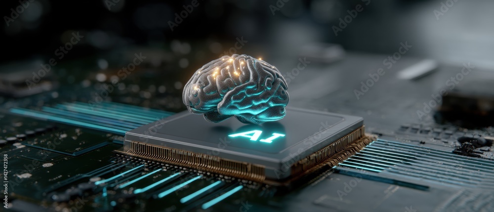 A brain-shaped model on a microchip, symbolizing artificial intelligence and technology integration.