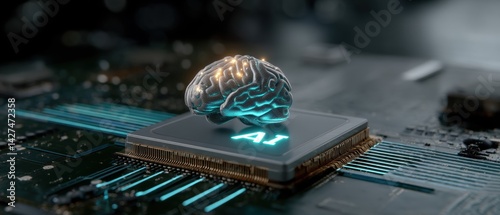 Obraz na płótnie A brain-shaped model on a microchip, symbolizing artificial intelligence and technology integration. w salonie