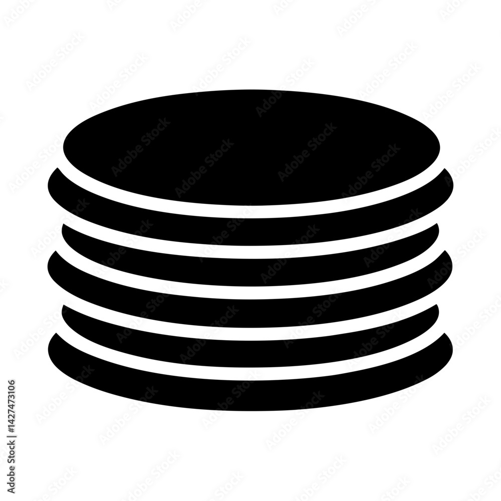 Stack of five black round discs resembling pancakes or data storage symbol Stack of five black round discs resembling pancakes or data storage symbol
