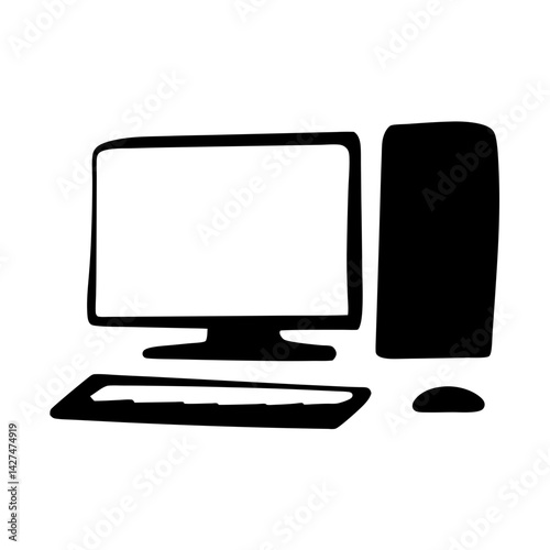 Simple black and white image of a desktop computer setup isolated