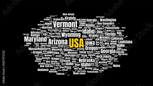 Word cloud of the USA state names, showcasing geography and typography.