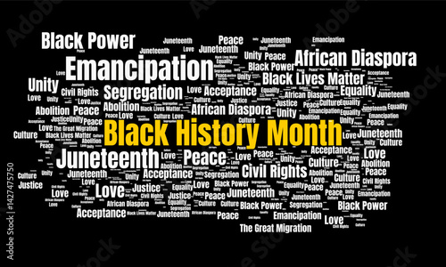 Word cloud highlighting terms like Black History Month, Juneteenth, equality, and justice, emphasizing unity and cultural reflection.