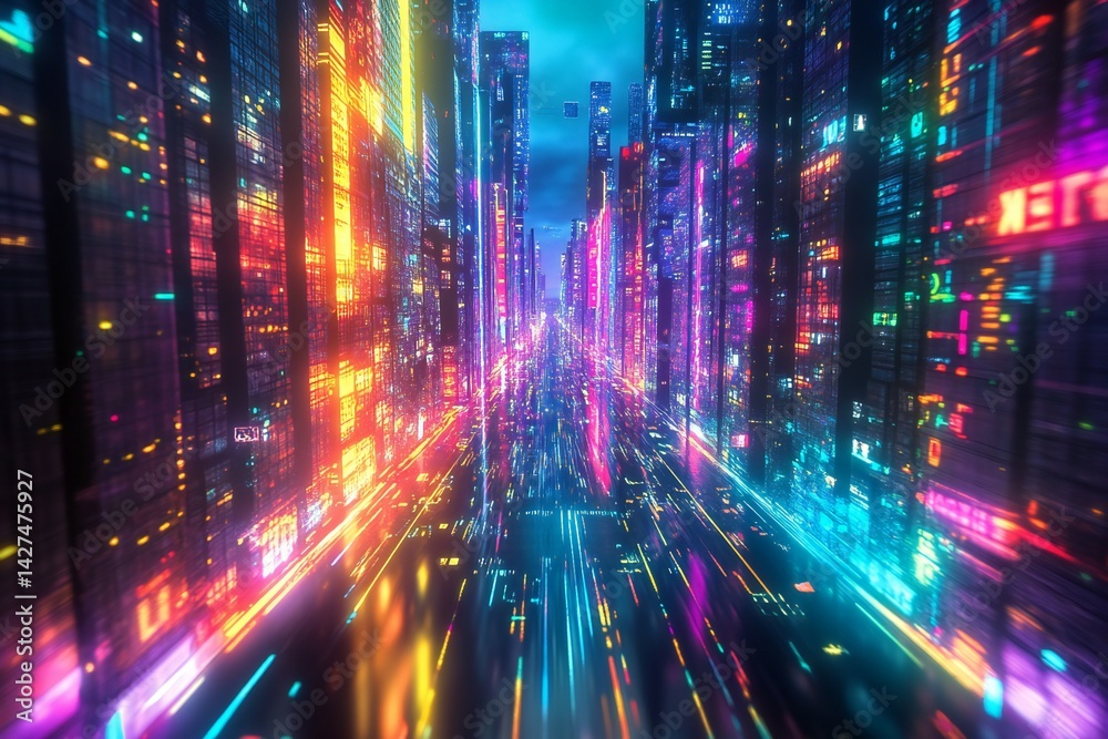 A colorful psychedelic cityscape with glowing buildings, neon streets, and vibrant lights filling the scene, created by ai A colorful psychedelic cityscape with glowing buildings, neon streets, and vibrant lights filling the scene, created by ai