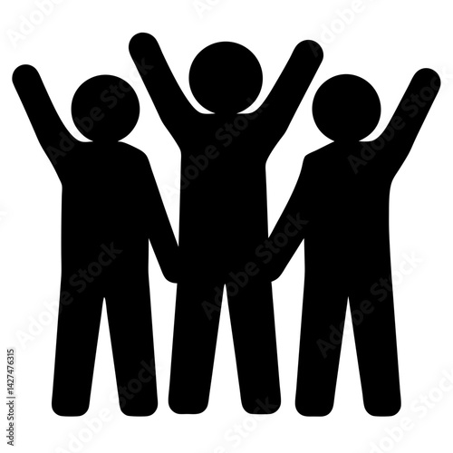 Three symbolic people raising their arms up celebrating a victory or team effort