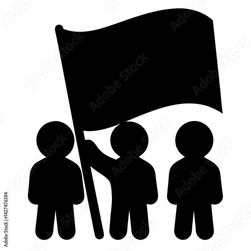 Illustration of three people with one holding a large black flag high