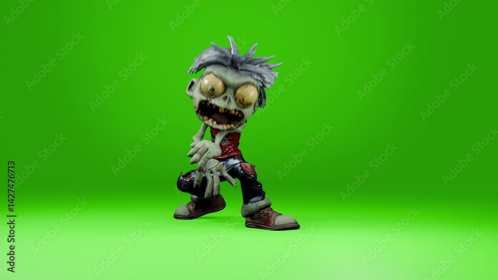 Green screen video featuring a cartoon zombie child performing a subtle dance move, isolated on a chroma key background for easy compositing into various projects