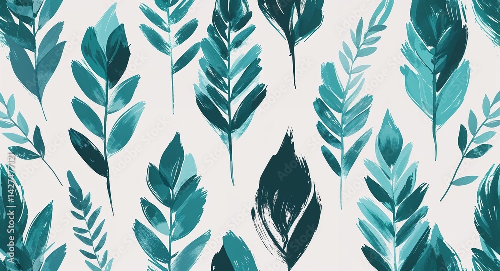 Fototapeta premium teal leaves acrylic brush strokes abstract pattern art design on plain white background illustration