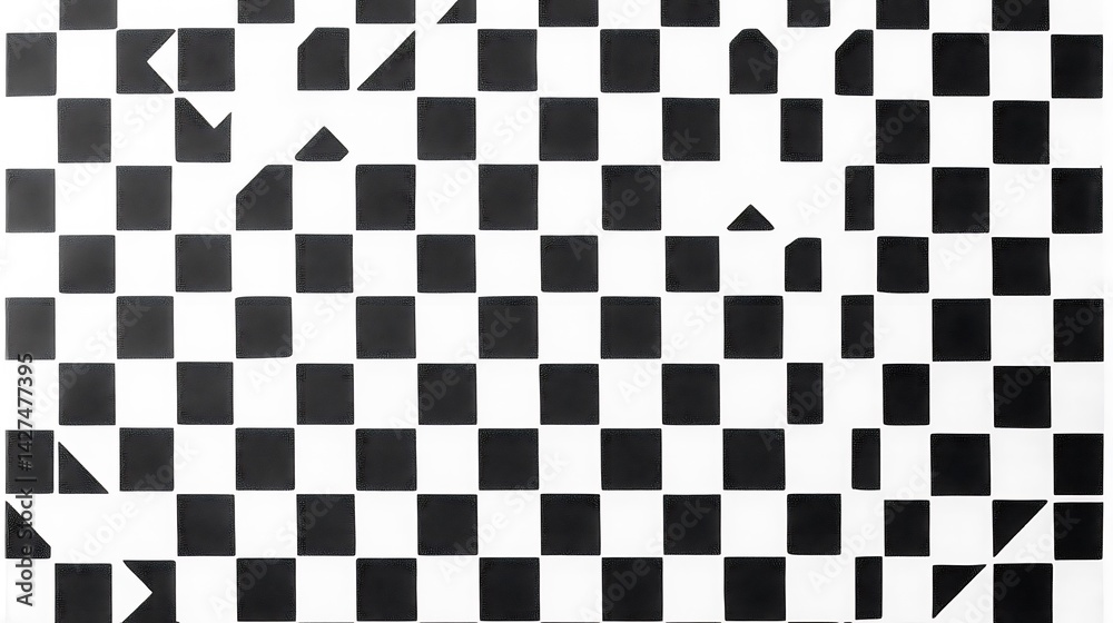 Fototapeta premium Abstract Checkerboard Pattern with Distorted Geometric Shapes in Black and White