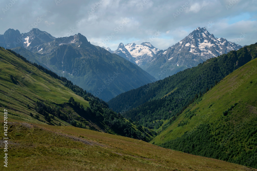 Fototapeta premium View of the peaks of the North Caucasus mountains near the Arkhyz ski resort on a sunny summer day, Karachay-Cherkessia, Russia