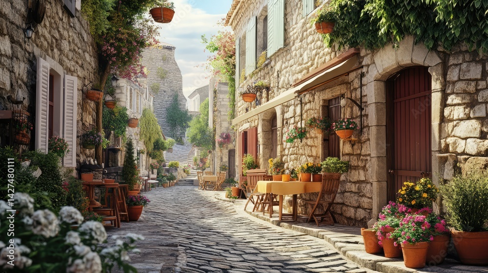Fototapeta premium Narrow cobblestone street in a charming European village with yellow and beige stone buildings