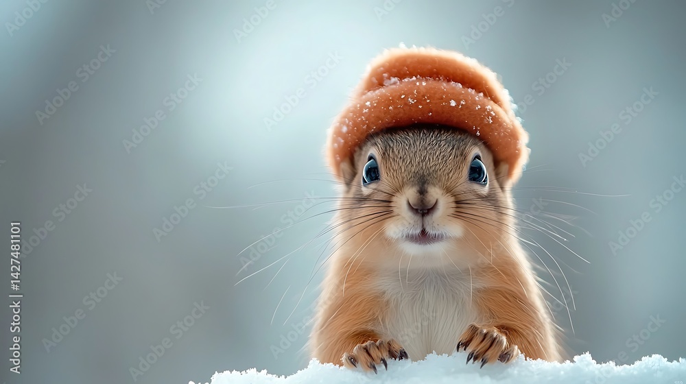 Adorable Siberian Flying Squirrel in Orange Hat Amidst Winter Snow