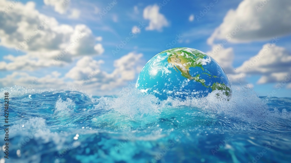 Earth submerged in ocean waves, representing global warming or climate change. Earth submerged in ocean waves, representing global warming or climate change.