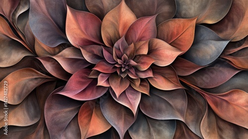 Detailed Abstract Succulent Flower with Layered Burgundy, Copper, Terracotta, Brown, and Charcoal Petals Radiating Symmetrically from the Dark Center