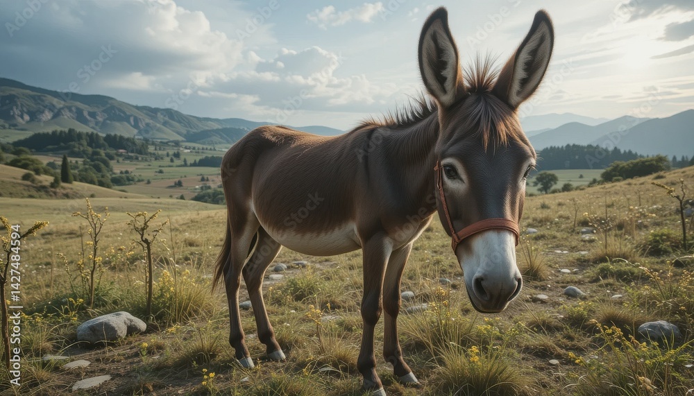 Donkey Standing in a Grassy Field with Mountain Backdrop Donkey Standing in a Grassy Field with Mountain Backdrop
