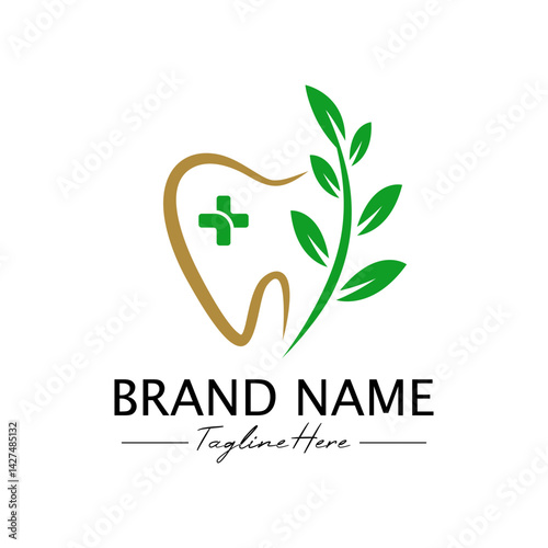 Dental logo design with tooth and green leaf accents for dentistry branding	
