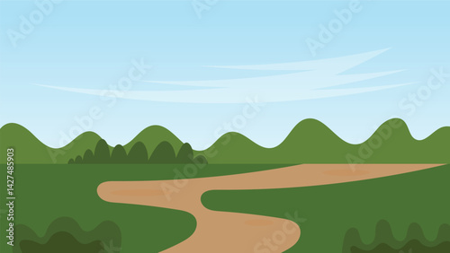 green filed with pathway and mountain with blue sky background. landscape cartoon scene
