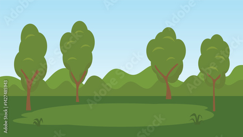 green field with trees and blue sky background. landscape cartoon scene