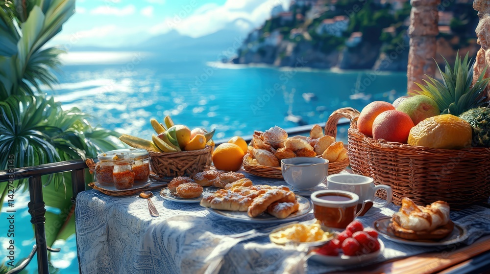 Fototapeta premium A beautifully set breakfast table overlooking a turquoise sea view