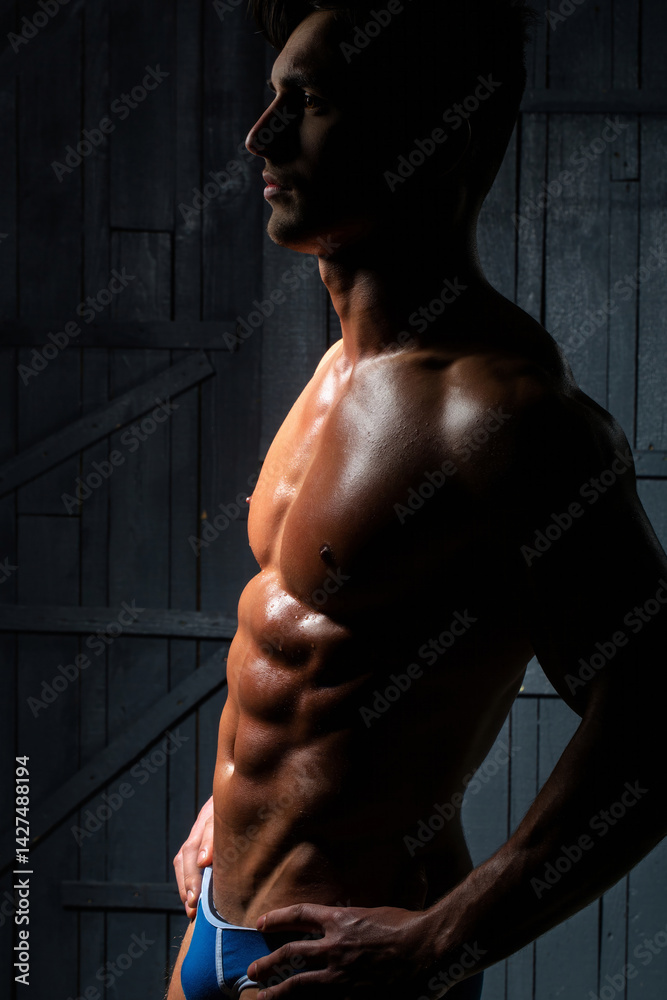 Sexy male model with muscular nude body. Shirtless sexy muscled male model. Muscular handsome model with strong body. Sexy sport muscle model. Sexy man with naked torso, fit naked man.