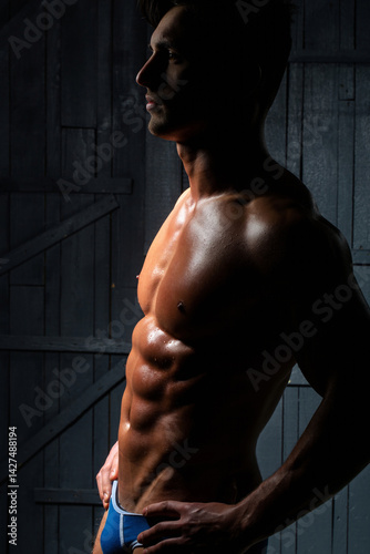 Obraz na płótnie Sexy male model with muscular nude body. Shirtless sexy muscled male model. Muscular handsome model with strong body. Sexy sport muscle model. Sexy man with naked torso, fit naked man. w salonie
