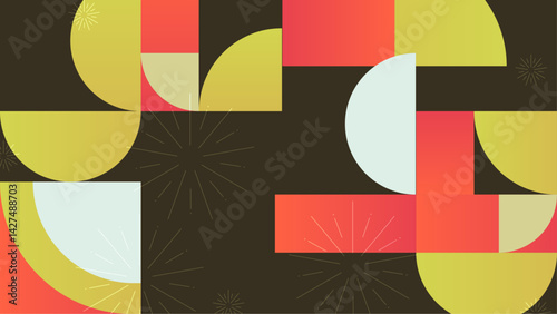 Design featuring bold yellow, red, and white shapes on a brown background, suitable for web graphics, banners, or social media posts.