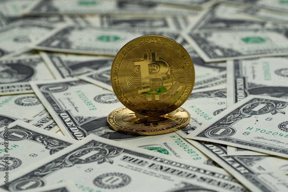 Money dollars vs bitcoin. Saving finance in currency or bitcoin. Dollars vs bitcoin. Saving money background. Banknotes, bitcoin for savings. Best value concept.