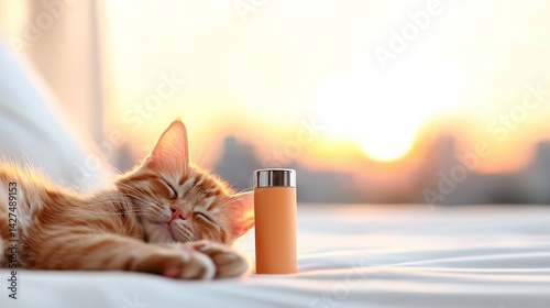 Ginger Kitten Sleeping Peacefully on White Bedding at Sunset