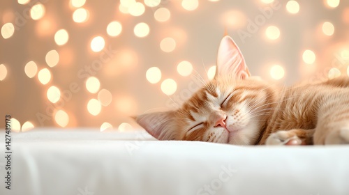 Ginger Kitten Sleeping Soundly Amidst Warm Golden Lights
