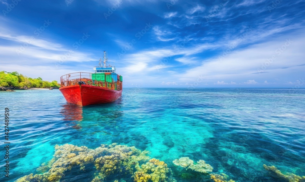 Obraz premium Red cargo ship at tropical island, clear water, coral reef