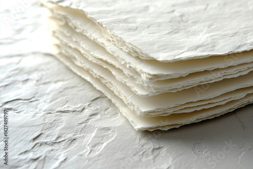 A stack of textured white paper is viewed up close and angled photo