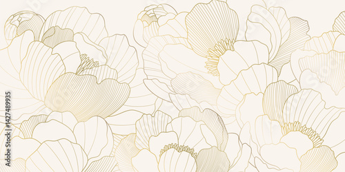 Elegant gold line drawing of peonies flowers on a light background. Minimalist oriental vector design, perfect for luxury prints, patterns, or backgrounds.