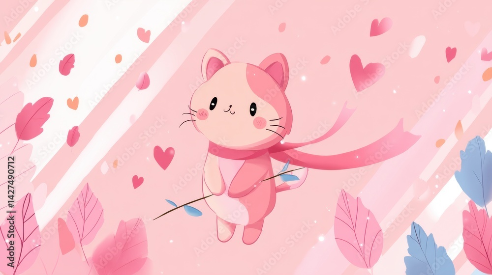 A charming of a fluffy pink cat wearing a delicate scarf surrounded by a whimsical display of hearts feathers and pastel colored leaves creating a romantic and enchanting atmosphere A charming of a fluffy pink cat wearing a delicate scarf surrounded by a whimsical display of hearts feathers and pastel colored leaves creating a romantic and enchanting atmosphere